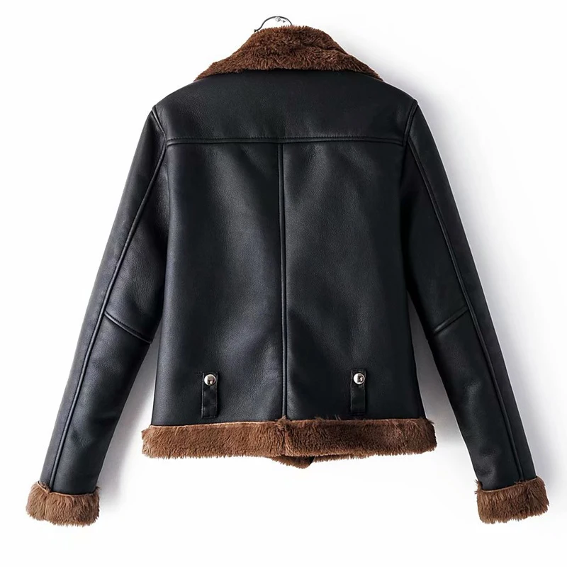Fitaylor, зимняя короткая куртка из искусственной кожи, мотоциклетное пальто на молнии из искусственного меха ягненка, теплая толстая верхняя одежда с отложным воротником