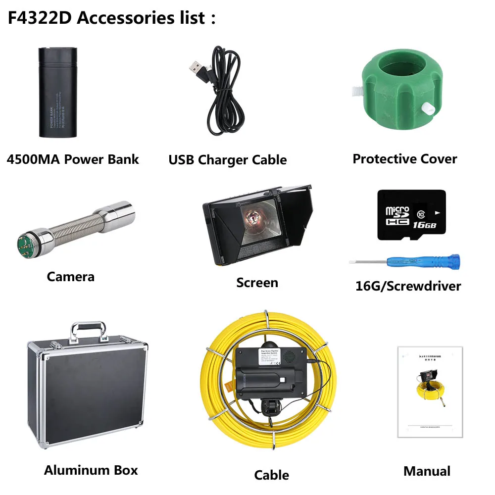 4.3 inch Monitor Sewer Pipe Inspection Video Camera, 16GB TF Card DVR IP68 Drain Sewer Pipeline Industrial Endoscope40M 30M