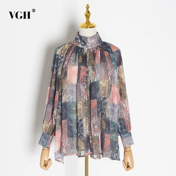 

VGH Vintage Print Women's Shirts Stand Collar Lantern Long Sleeve Single Breasted Shirts Female 2020 Spring Clothing Fashion New