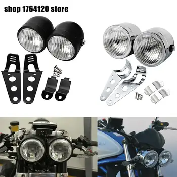

Motorcycle Twin Front Headlight lamp W/ Bracket Black /Chrome For Harley Street Fat Boy Naked Motorcycle Dual Sport Dirt Bikes