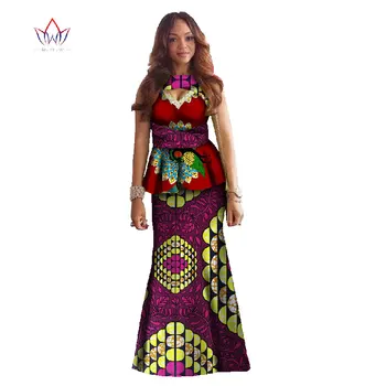 

African Print Clothing Two Piece Set Dashiki Dress Maxi Dress Crop Top & Mermaid Skirt Plus Size African Clothing 6XL BRW WY521