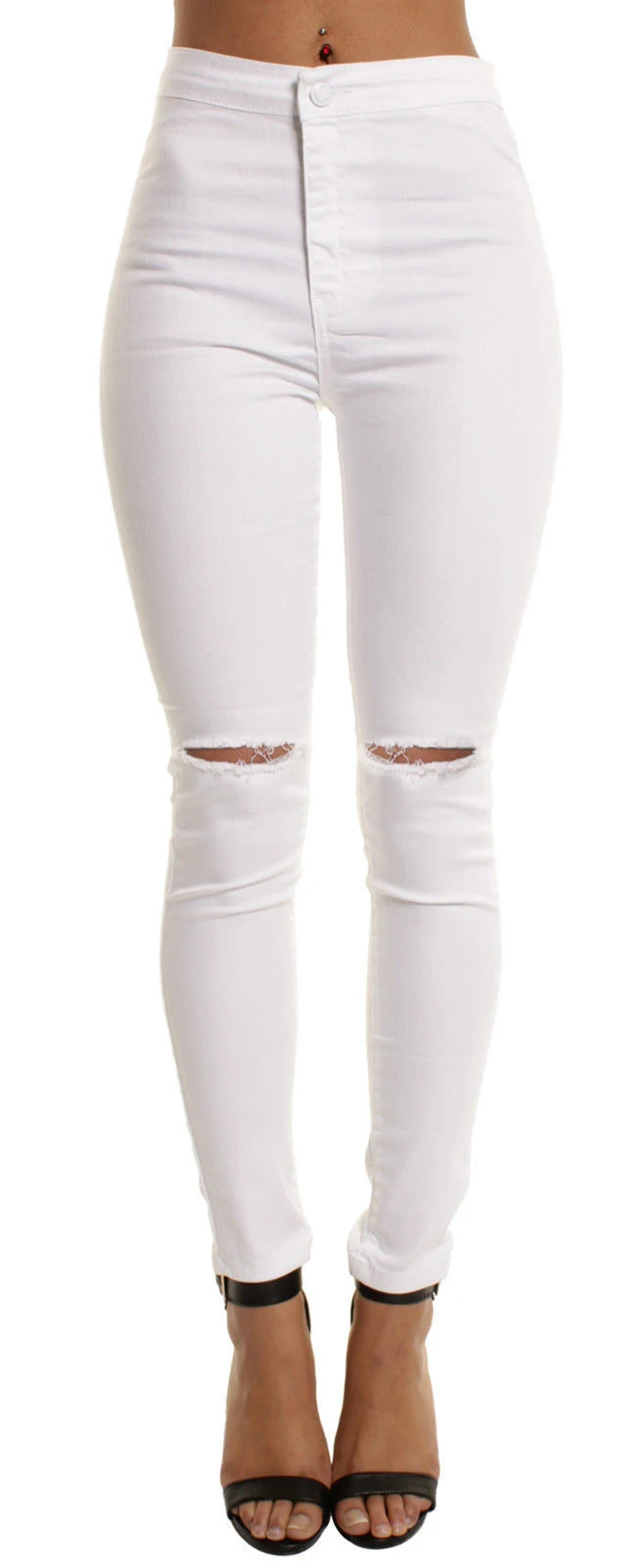 

Women Destroyed Ripped Black Denim Jeans Skinny Hole Pants Mid Waist Stretch White Jeans Slim Pencil Trousers