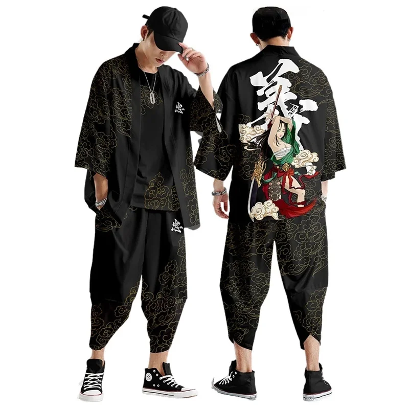Two-piece Suit Loose Japanese Cardigan Women Men Cosplay Yukata Clothing Fashion Harajuku Samurai Kimono + Pants Sets