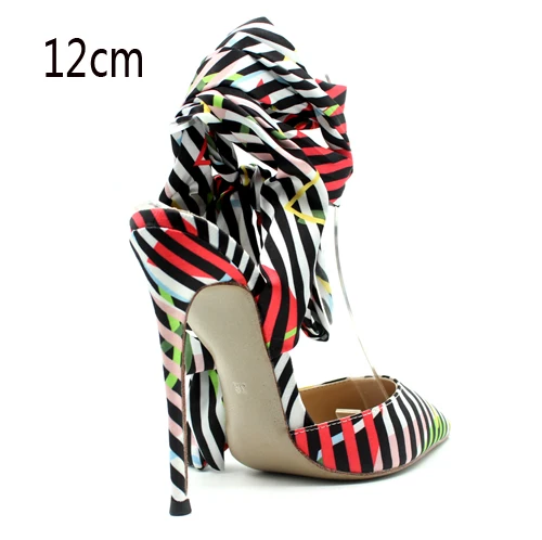 Дизайн; яркие женские босоножки на высоком каблуке с ремешком в полоску; женские модельные туфли с ремешком на щиколотке; высота каблука по индивидуальному заказу - Цвет: 12cm heel hight