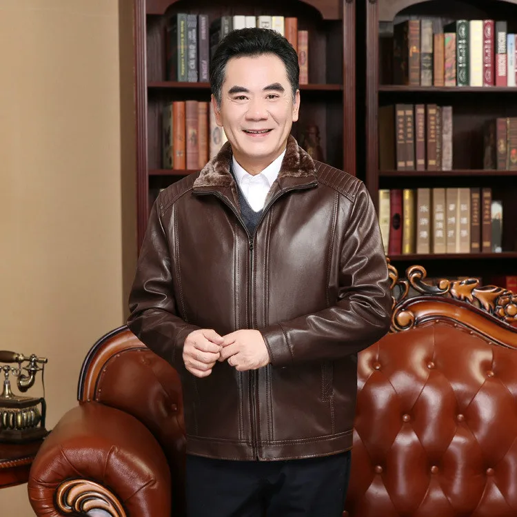 

Winter Long Sleeve Top Coat Men Plus Size Thick Warm Windbreaker Casual Faux Fur Collar PU Jacket Faux Leather Male Brown Coat