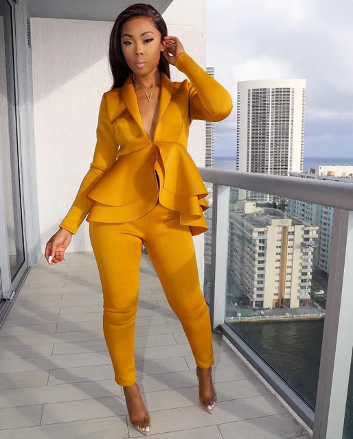 Sleeve Ruffles Blazers Pants Suit 