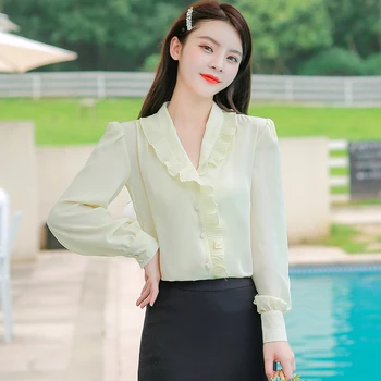 

COIGARSAM Ruffles blouse women New Spring Full Sleeve Solid Chiffon blusas womens tops and blouses Light Yellow 8025