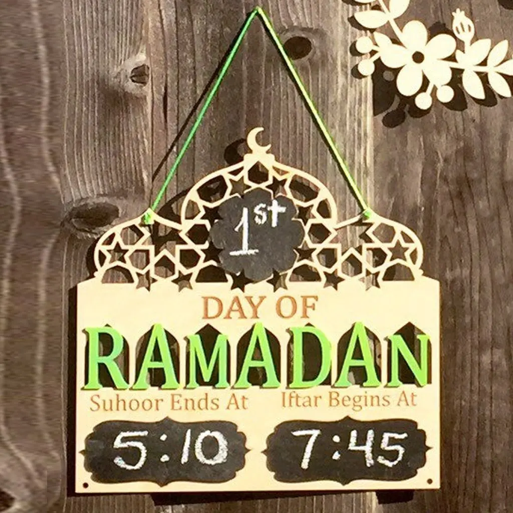 Wooden Islamic Blackboard Plaque Hanging Pendant Eid Ramadan Mubarak Counted Mark Chalkboard Message Note Board Wall Decoration