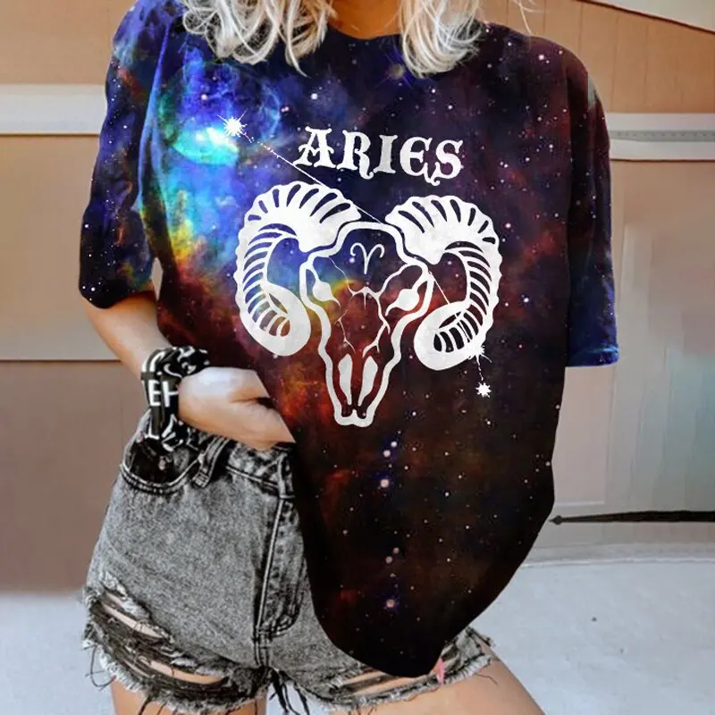 Capricorn Star Sky Print T-shirts Woman Summer Casual Loose Graphic Gothic Letter Short Sleeve O Neck Y2k Harajuku Shirt Tee Top t shirt oversize