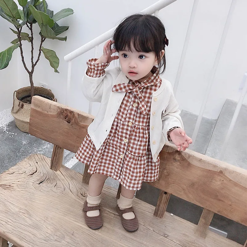 

INS Korean-style Western Style Cardigan Plaid Dress Two-Piece Set Item Really Good Brand Childrenswear