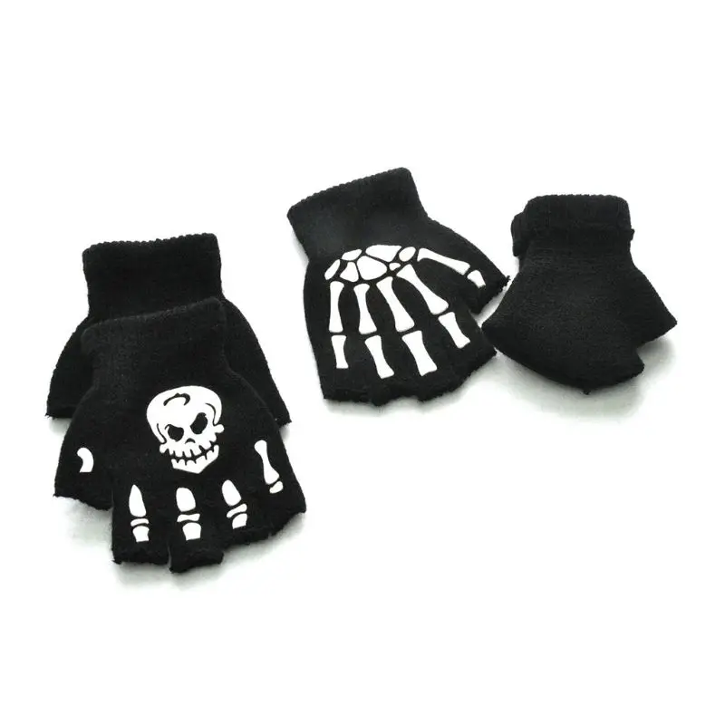 Toddler Kids Halloween Cosplay Skeleton Skull Half Finger Gloves Glow in the Dark Luminous Fingerless Winter Mittens