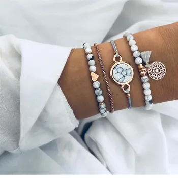 

Trendy Heart Beaded Tassel Pattern Stone Braided Bracelets & Bangles For Women Fashion Golden Link Chain Bracelets Boho Bijoux