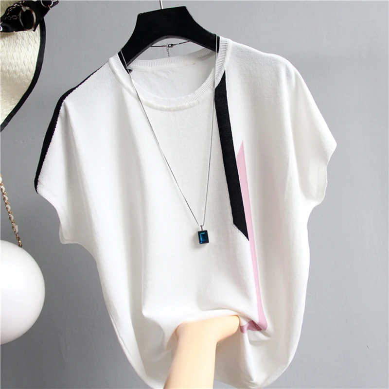 

Shintimes Thin Knitted Striped Bat Sleeve Pink Summer Short Sleeve Sweater Women Tops 2020 White Woman Clothes Black Pull Femme