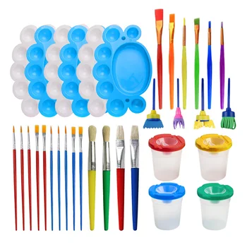 

34pcs Craft Party Art With Cups DIY Brushes Palettes Nylon Lids Leakage Proof Painting Tool Kit For Kids Drawing Gift School