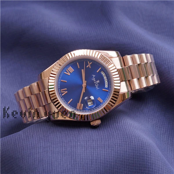 Rose Gold Blue Часы DAYDATE из желтого розового золота, мужские роскошные часы, автоматические механические часы с датой на день рождения, механические часы Roma, черные, зеленые, AAA - Цвет: Rose Gold Blue