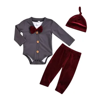 

Baby Boy Clothes Bow Tie Romper Jumpsuit+Trousers+Hat Suits 3PCS Autumn Gentleman Clothes Set