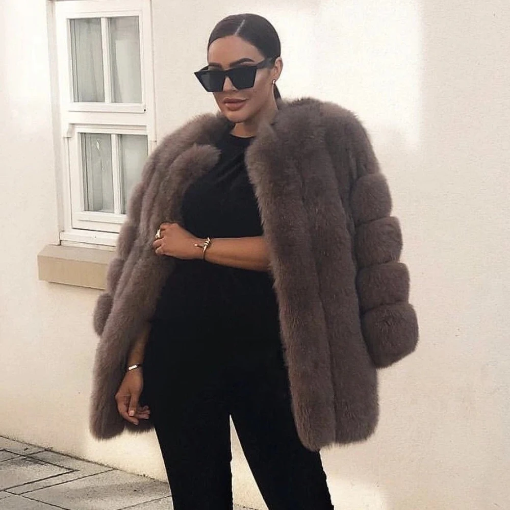 2022 Winter New Real Fur Coat for Women Winter Outwear High Quality Whole Skin Genuine Fox Fur Jacket Medium Length Fur Overcoat
