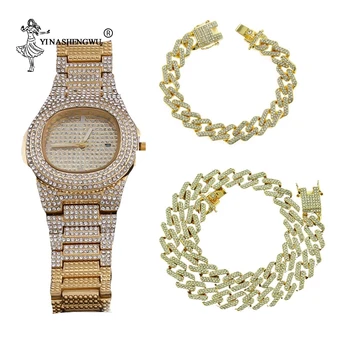 

Hip Hop 13MM Necklace+Watch+Bracelet 3 Pcs Kit Bling Miami Zircon Cuban Pave Rhinestone Men Bracelet Necklace For Men Jewelry