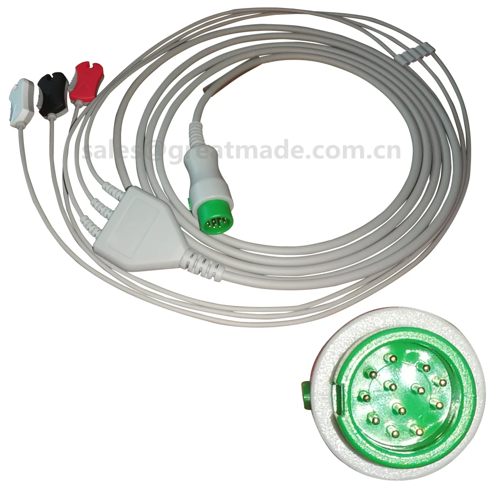 Mindray 12pin цельный ECG кабель с leadwires, 3-lead, 5ld, snap