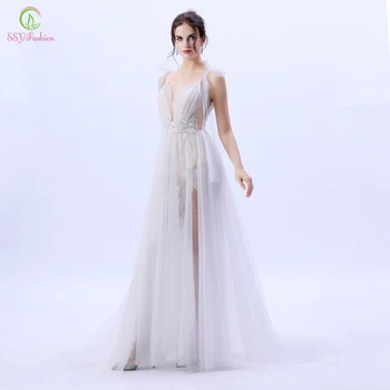 

SSYFashion New Evening Dress Sexy Lllusion V-neck Lace Appliques Beading Sweep Train Formal Prom Gown Special Occasion Dresses