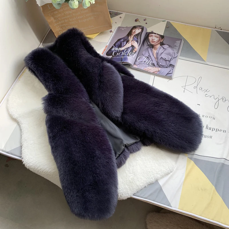 My NewIn/женская меховая жилетка, теплый жакет из меха, длинный жакет из меха, без рукавов для зимы, Kamizelka Futerko - Цвет: navy blue