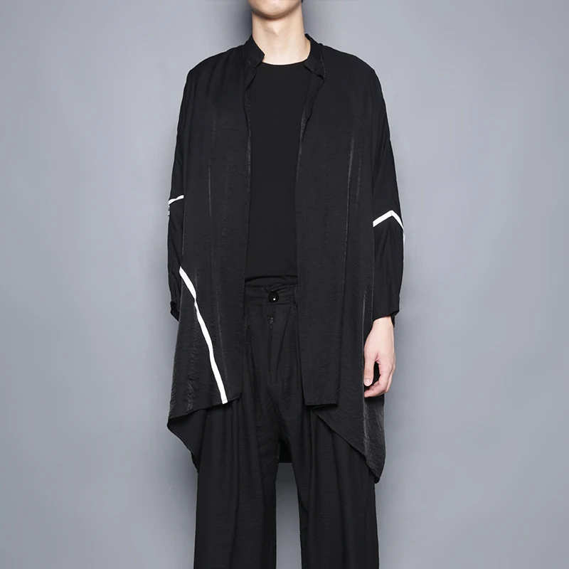 Japonês escuro design retro listra fita casual jaqueta solta de comprimento médio trench coat cape man