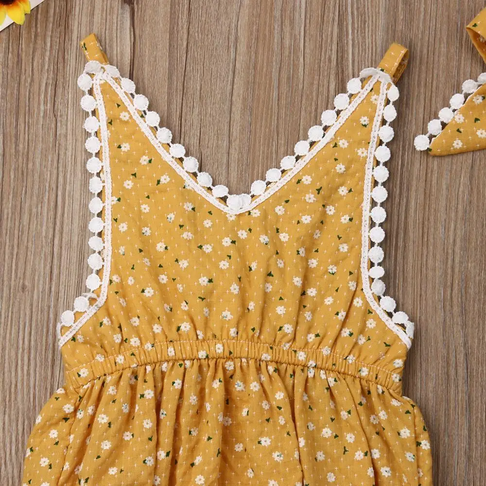 Комбинезон с цветочным рисунком для маленьких девочек, комбинезон без рукавов с v-образным вырезом и желтыми цветами, летняя одежда для девочек