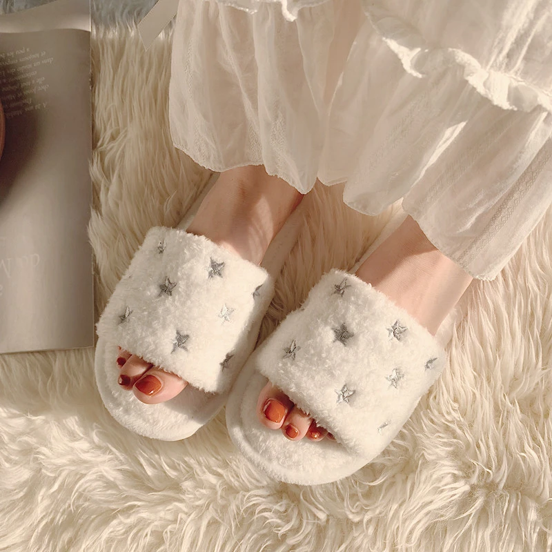 white fluffy house slippers
