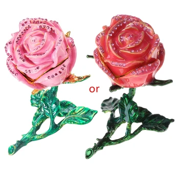 

Creative Alloy Rose Flower Jewelry Storage Box Faux Diamond Rings Earrings Case Organizer Holder Decoration
