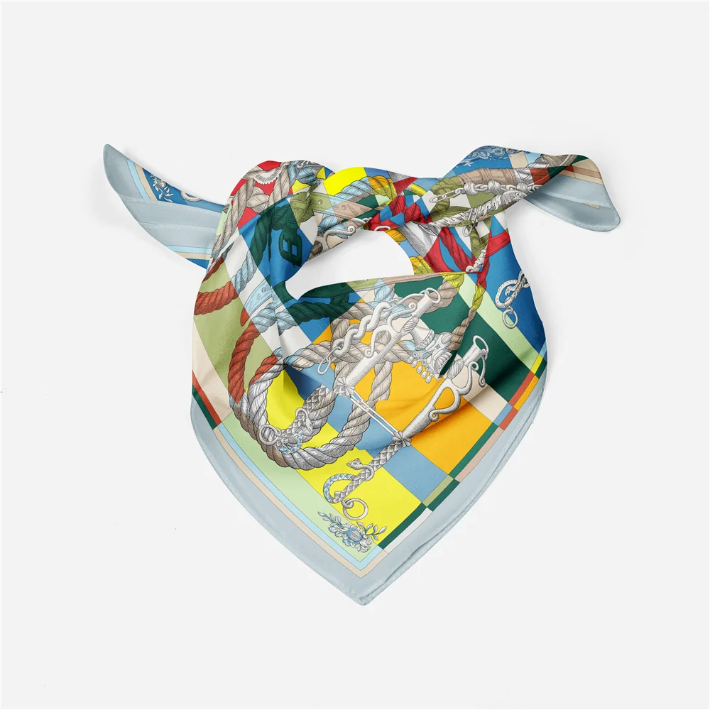 Twill Seide Schal Frau Seil Kette Malerei Quadrat Schals Wraps Bandana Kleine Hijab Seide Foulards Krawatte Stirnband Halstuch 53CM – Detail 11