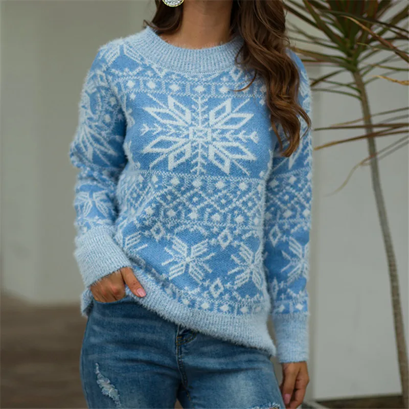 Женский Рождественский пуловер с принтом снежинки свитера осень зима пуловер с круглым вырезом женский длинный рукав вязаный Повседневный свитер Топы