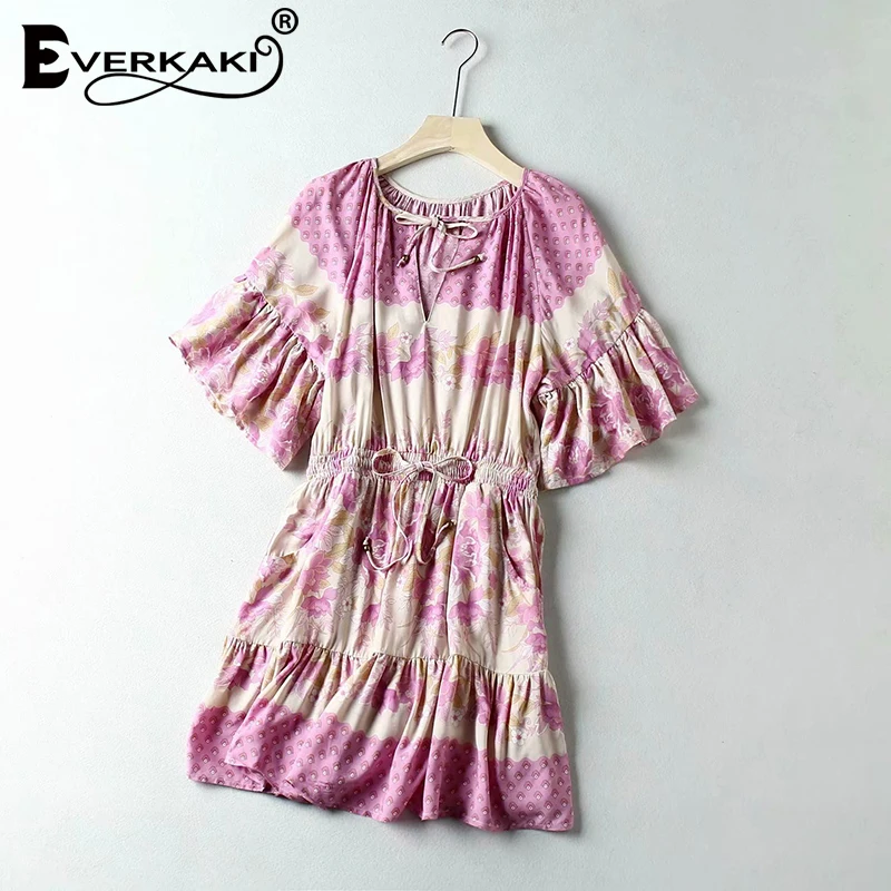 Everkaki Boho Короткое женское платье с поясом и цветочным принтом летние платья