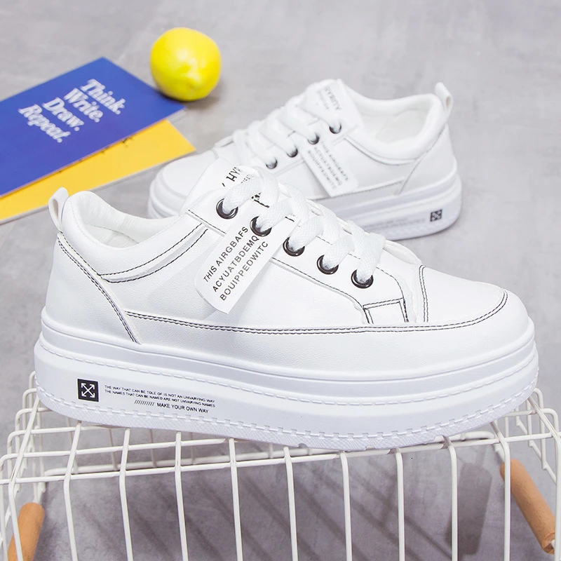 de deporte de moda 2019 vulcanizados de mujer zapatos de plataforma de cuero Pu de Mujer Zapatos casuales de encaje blanco 2|Zapatos vulcanizados de mujer| - AliExpress