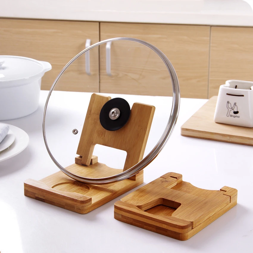 

bamboo wooden simple pot cover holder, multi-purpose chopping board pot cover shelf, foldable kitchen storage rack