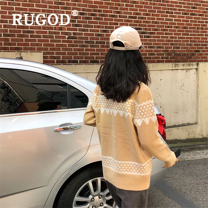 RUGOD, винтажный свитер, пуловеры для женщин, круглый вырез, Узор Аргайл, длинный рукав, теплый вязаный пуловер, Модный женский Рождественский топ