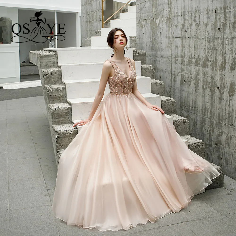 

QSYYE 2019 New Arrival Long Prom Dresses Robe de Soiree Beading Top V Neck Floor Length Tulle Formal Evening Dress Party Gown