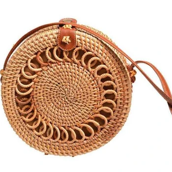 

ASDS-Women Handmade Round Beach Shoulder Bag Circle Straw Bags Summer Woven Rattan Handbags Women Messenger Bag