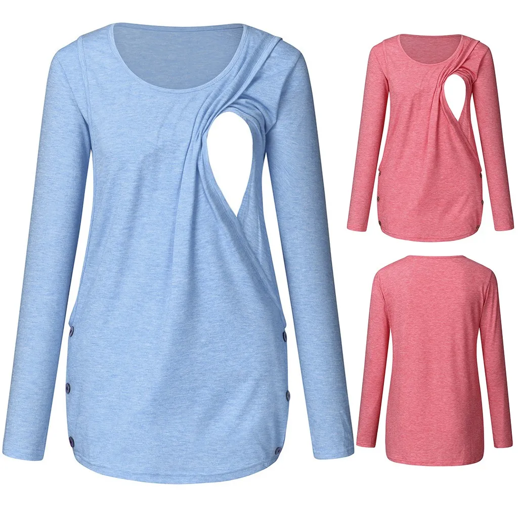 Женская блузка для беременных с длинными рукавами и пуговицами сбоку туника топы