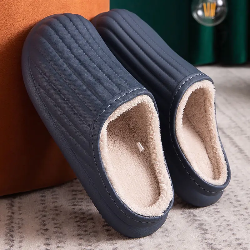 Leather slippers men winter home indoor couple cotton slippers