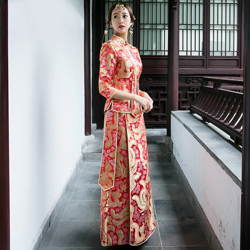 Высококачественный Величественный Женский Qipao изысканное свадебное платье традиционный Дракон и Феникс Ципао плюс размер костюм Тан одежда