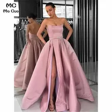 Вечернее платье без бретелек, платье для выпускного вечера, с карманами и поясом, с разрезом спереди, Vestidos de fiesta, плиссированное, жесткий атлас, женское вечернее платье