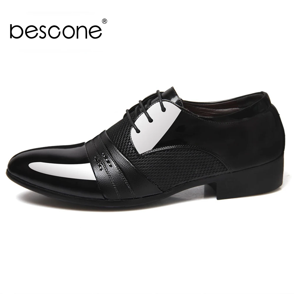 

BESCONE Business Men' s Formal Shoes Patchwork Cross-Tied Decoration Round Toe Slip-On Derby Shoes Comfortable Formal Shoes BZ17