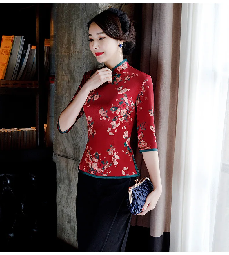 Spring new Tang suit cheongsam blouse improved fashion Chinese seven-point sleeve mother dress wedding banquet suit large 4XL