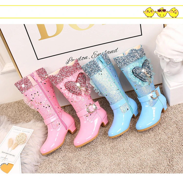 Girls High Heel Boots Plus Velvet High Boots Children's Princess Boots Winter New Fashion Lace Sequin Leather Kids Shoes