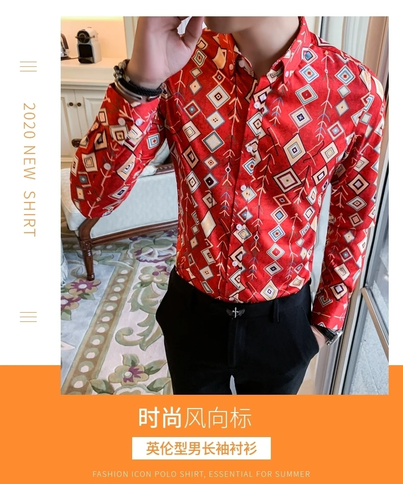 Повседневная мужская рубашка Camisa Masculina, приталенная Ретро рубашка, осень, модная, индивидуальная, с принтом, с длинным рукавом, рубашки для мужчин