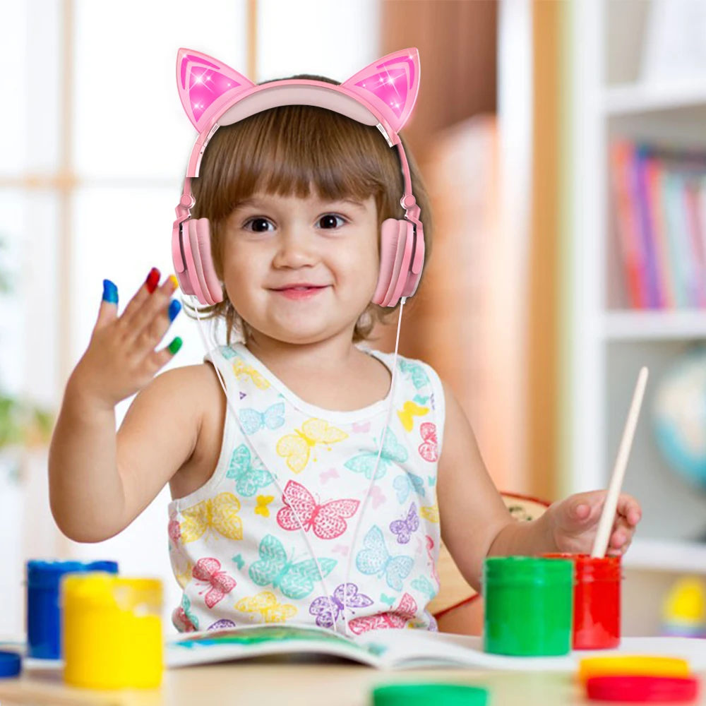 Wired Adjustable Headphone Girl Cat Ear LED Bluetooth Headset Kids Headphone Flashing 3 Glowing Stereo With original Box