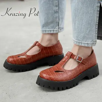 

Krazing pot new British style genuine leather leisure shoes round toe med heels buckle straps daily wear hollow summer pumps L26