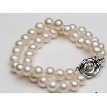 Очаровательный двойной нитей 9-10 мм круглый белый жемчужный браслет с южным морем 7,5-8 дюймов Серебро S925