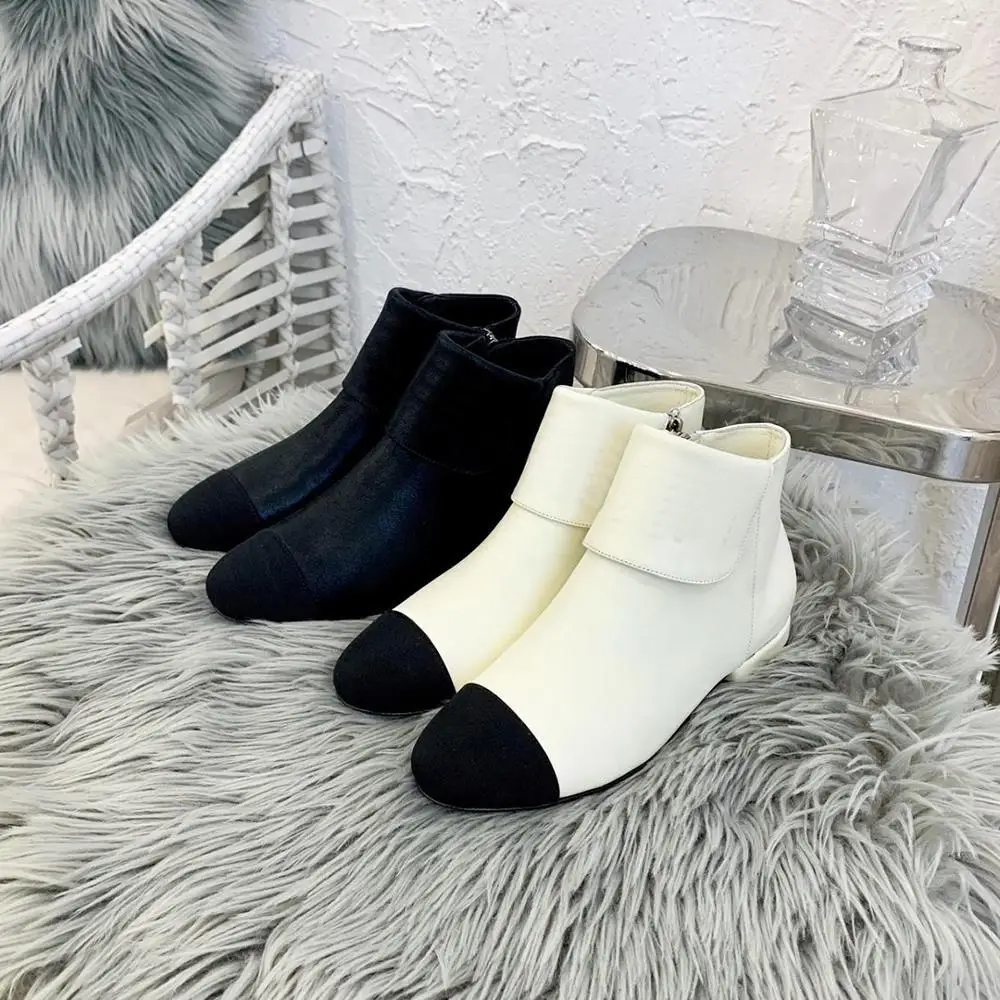 

BELLECOM 2019 Autumn and Winter New round-headed leather boots with color flat-bottomed bare Boots Fashionable women's boots