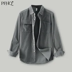Pfhq 2021 nova moda masculina solto cor sólida veludo manga longa único breasted lapela bolsos camisa outono e inverno 21e4192